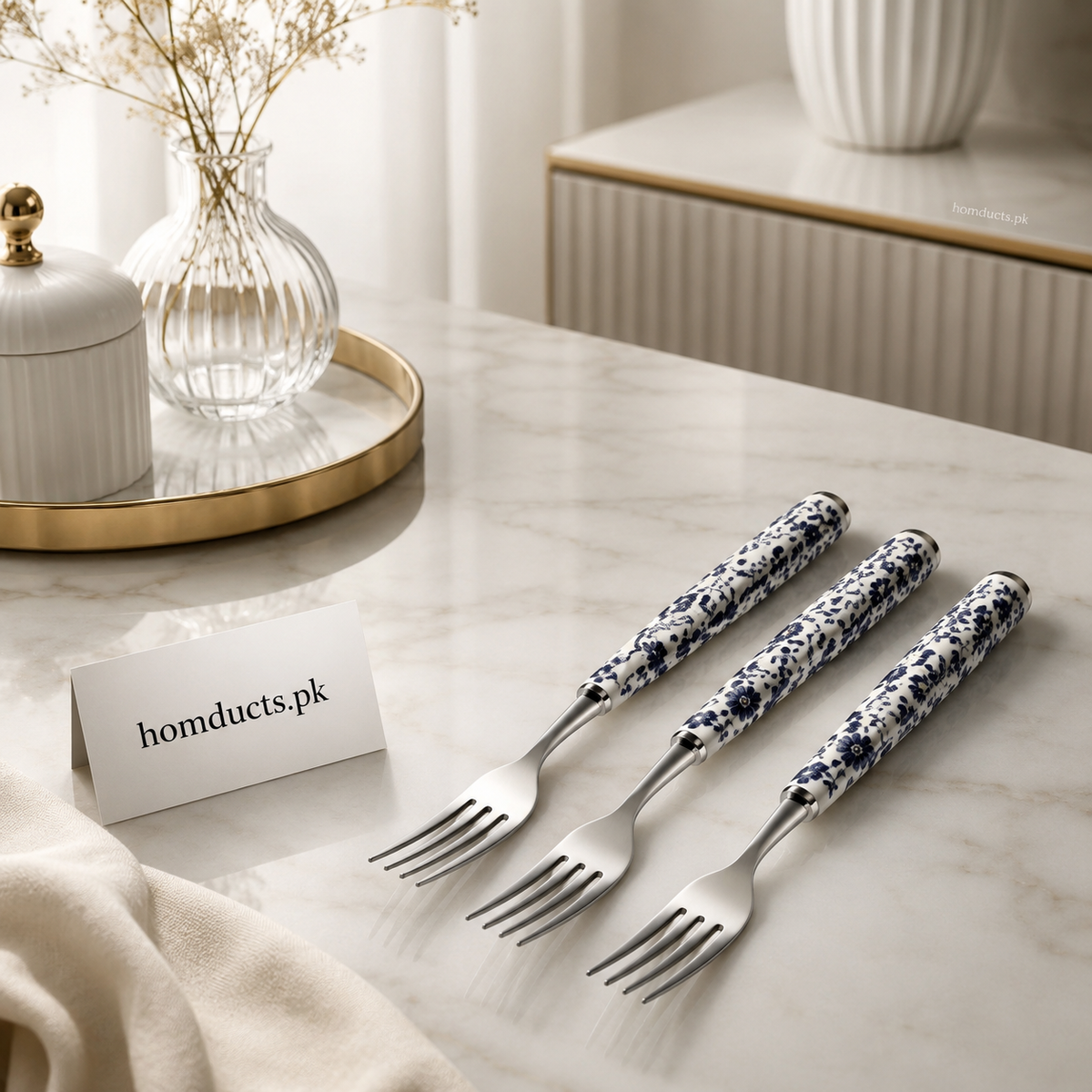 Danny Home 19.5cm Floral Handle Stainless Steel Dinner Fork Set – 3 Pieces Premium Cutlery
