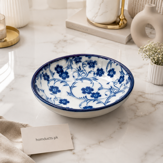 Danny Home 3.87-Inch Ceramic Serving Dish (360ml) – Blue Floral Snack, Sauce & Dessert Bowl