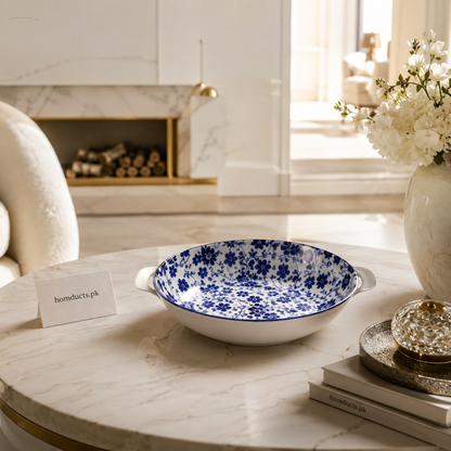 Danny Home 11 Inch Blue Floral Ceramic Round Serving Bowl with Handles | Premium Serving Dish