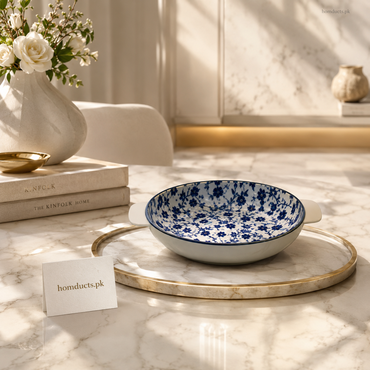 Danny Home 11 Inch Blue Floral Ceramic Round Serving Bowl with Handles | Premium Serving Dish