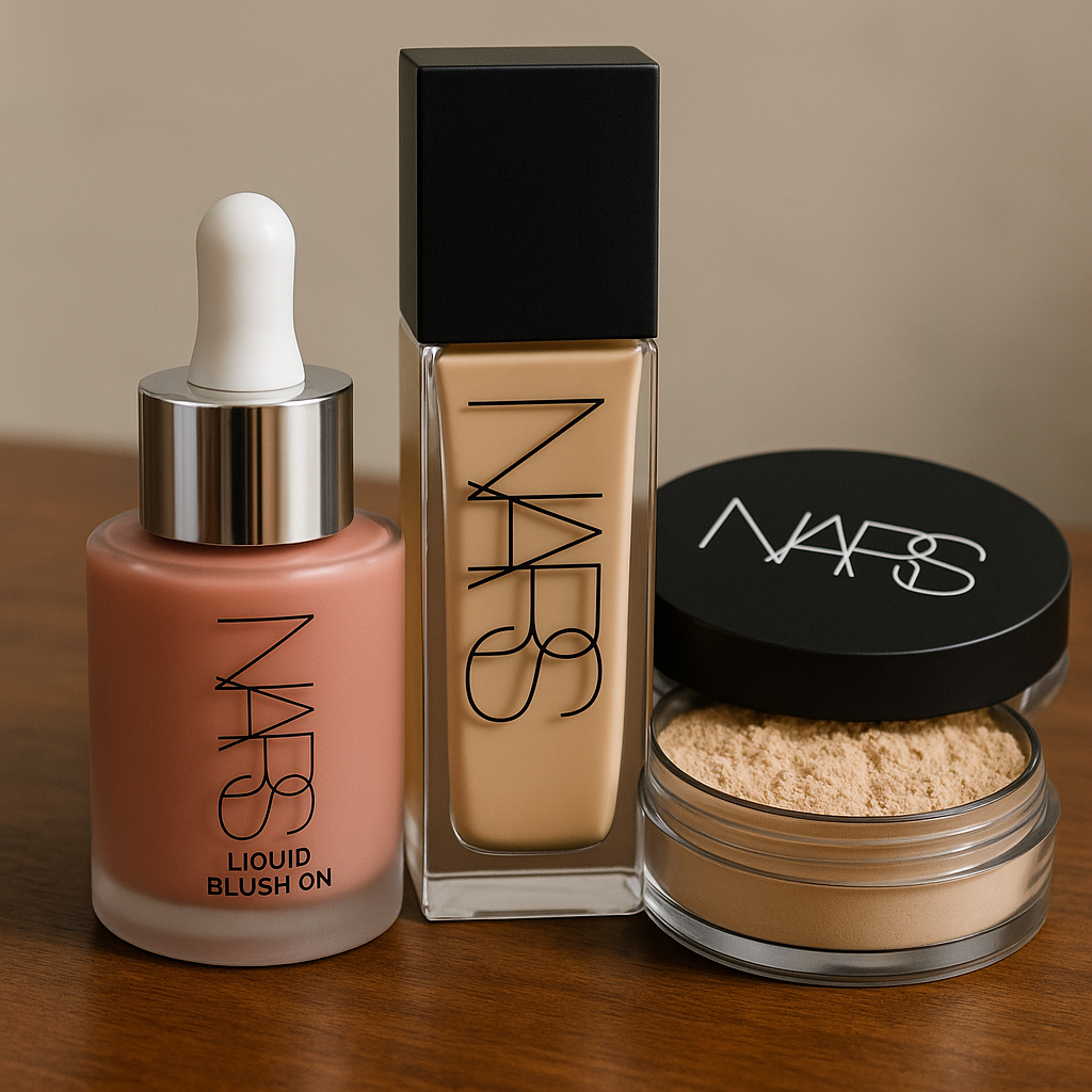 NARS Flawless Glow Makeup Bundle – Foundation, Loose Powder & Liquid Blush