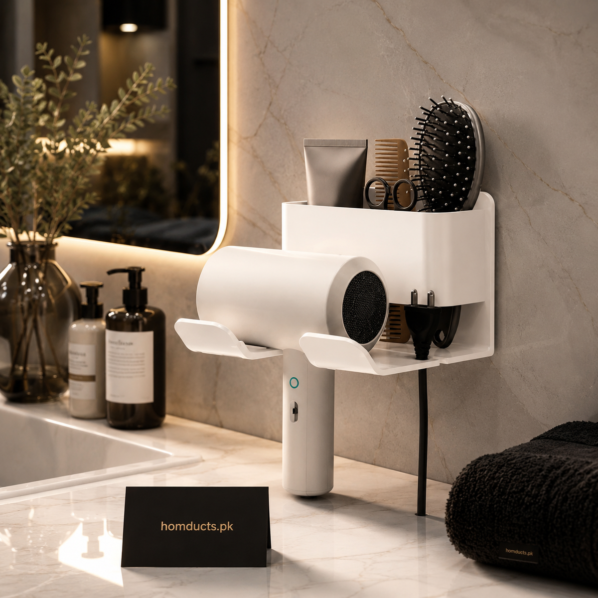 Wall Mounted Hair Dryer Holder & Bathroom Organizer Rack