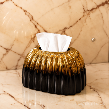 Luxury Black & Gold Ceramic Tissue Box Holder – Modern Ribbed Decorative Tissue Cover (1 Pc)