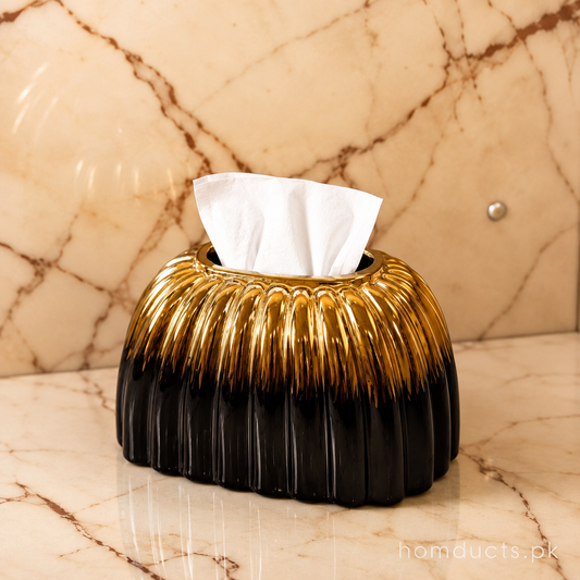 Luxury Black & Gold Ceramic Tissue Box Holder – Modern Ribbed Decorative Tissue Cover (1 Pc)