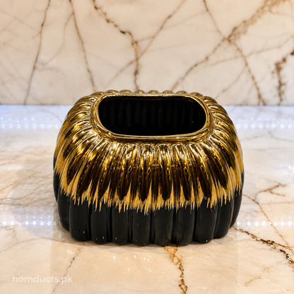 Luxury Black & Gold Ceramic Tissue Box Holder – Modern Ribbed Decorative Tissue Cover (1 Pc)