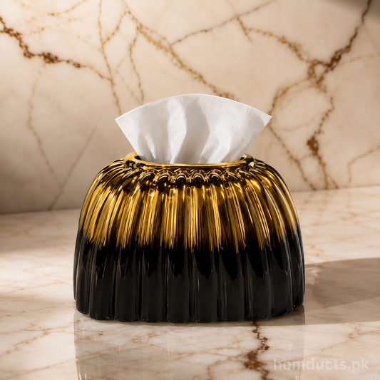 Luxury Black & Gold Ceramic Tissue Box Holder – Modern Ribbed Decorative Tissue Cover (1 Pc)