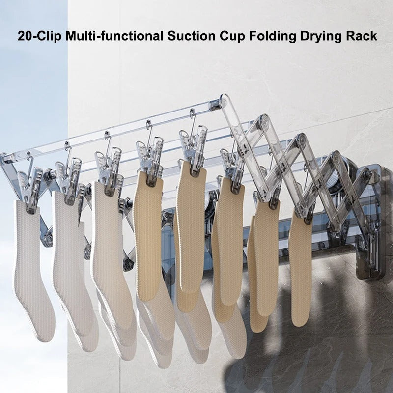 Wall Mounted Foldable Acrylic Drying Rack with Strong Suction Cups | Expandable Laundry Hanger for Socks, Baby Clothes & Undergarments