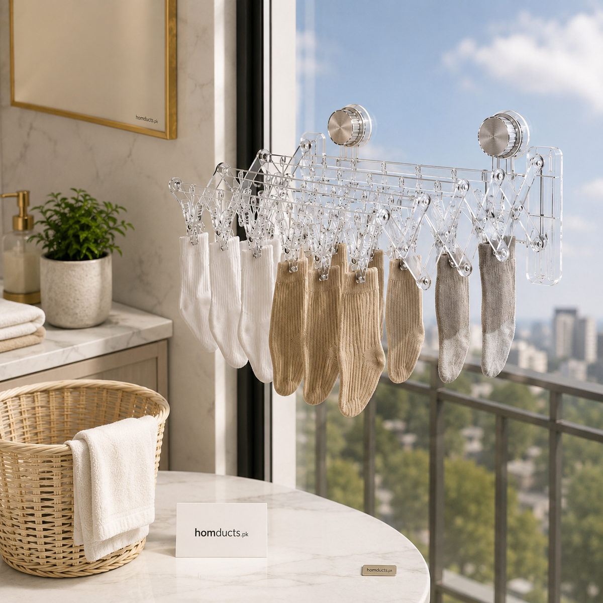 Wall Mounted Foldable Acrylic Drying Rack with Strong Suction Cups | Expandable Laundry Hanger for Socks, Baby Clothes & Undergarments