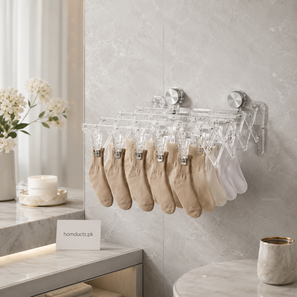 Wall Mounted Foldable Acrylic Drying Rack with Strong Suction Cups | Expandable Laundry Hanger for Socks, Baby Clothes & Undergarments