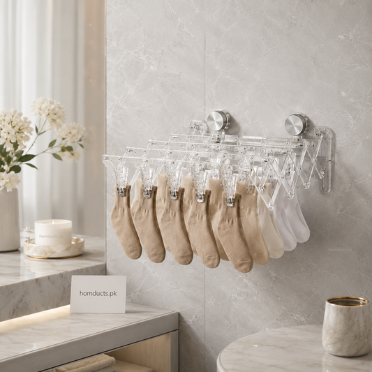 Wall Mounted Foldable Acrylic Drying Rack with Strong Suction Cups | Expandable Laundry Hanger for Socks, Baby Clothes & Undergarments
