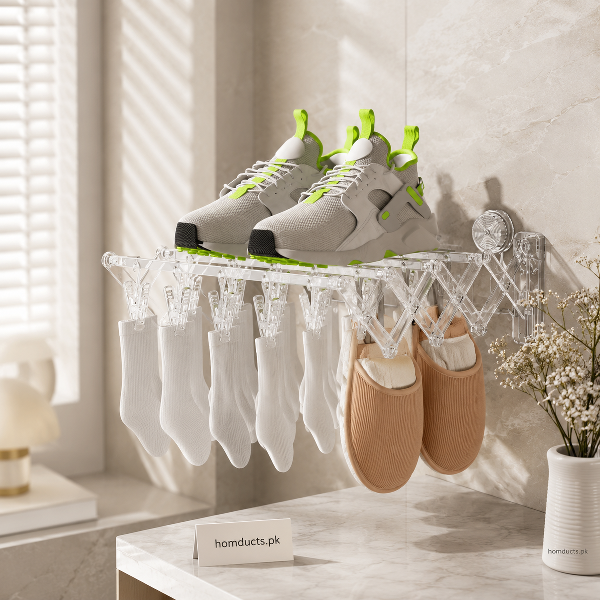 Wall Mounted Foldable Acrylic Drying Rack with Strong Suction Cups | Expandable Laundry Hanger for Socks, Baby Clothes & Undergarments
