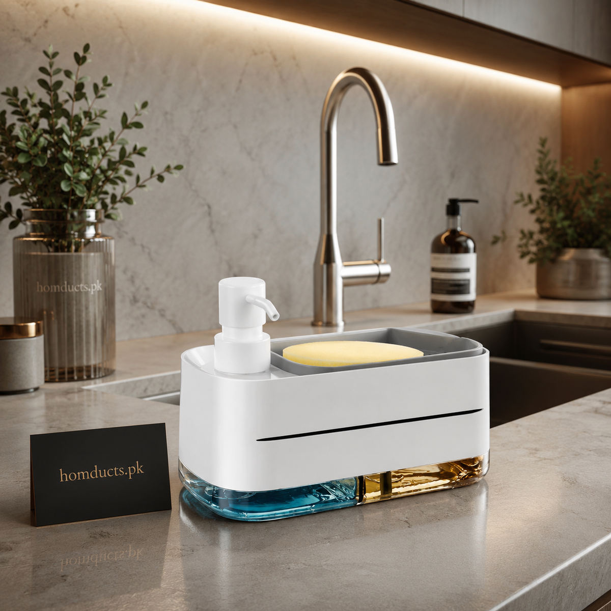 Kitchen Dishwashing Soap Dispenser with Dual Compartments & Sponge Tray (Import Quality)