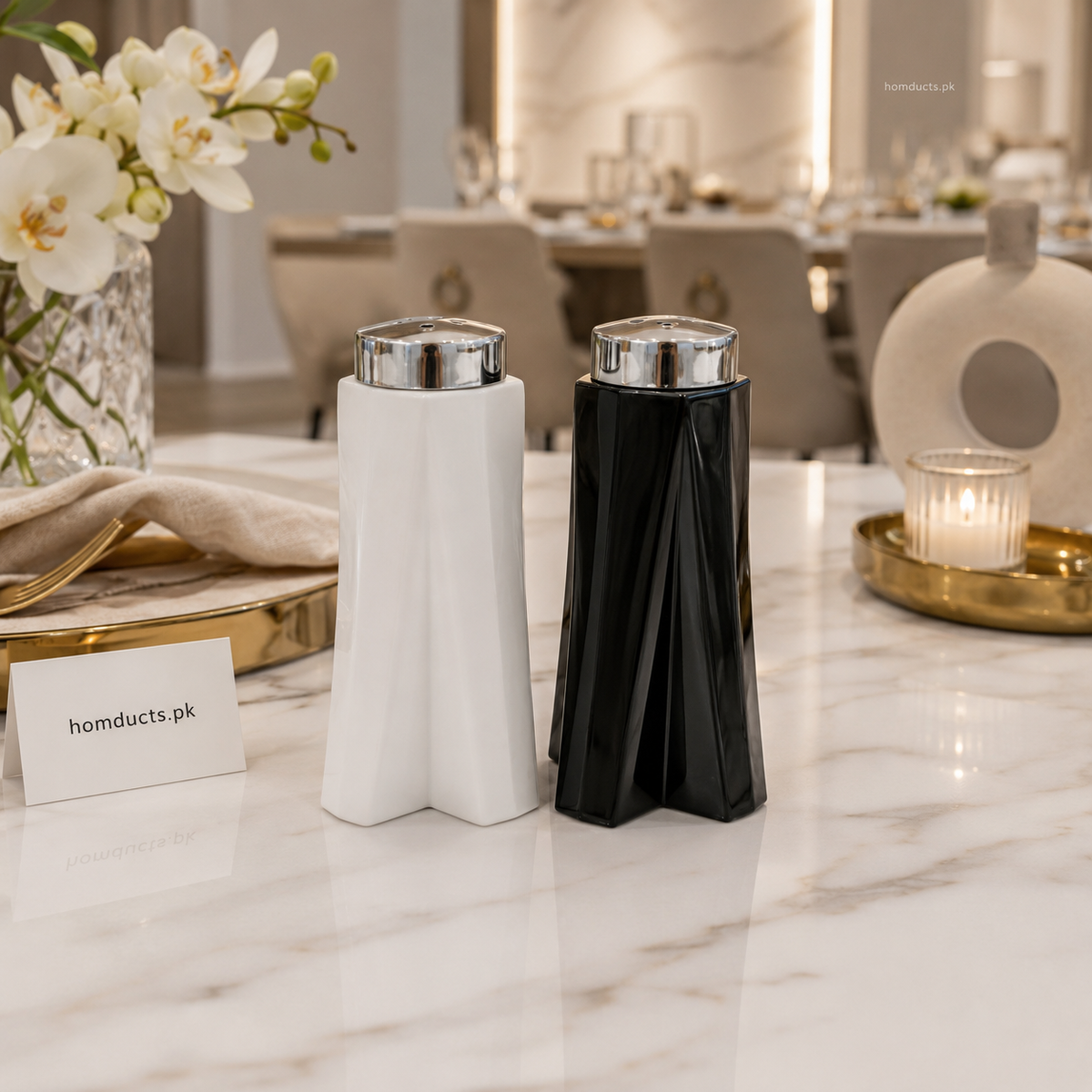 Ziba Luxury Ceramic Salt & Pepper Shaker Set with Stainless Steel Lid | Modern Kitchen & Dining Seasoning Dispenser