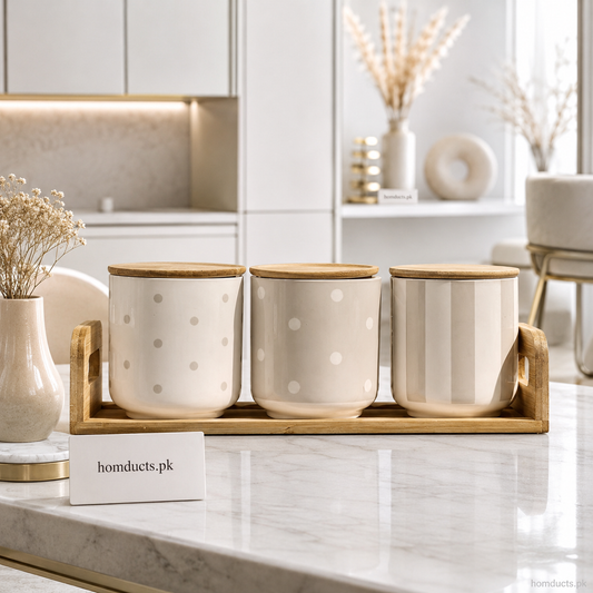 Premium 3-Piece Ceramic Kitchen Storage Jar Set with Airtight Wooden Lids & Bamboo Tray
