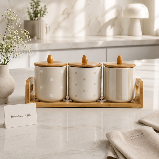 3-Piece Ceramic Kitchen Storage Jar Set with Wooden Airtight Lids & Bamboo Tray