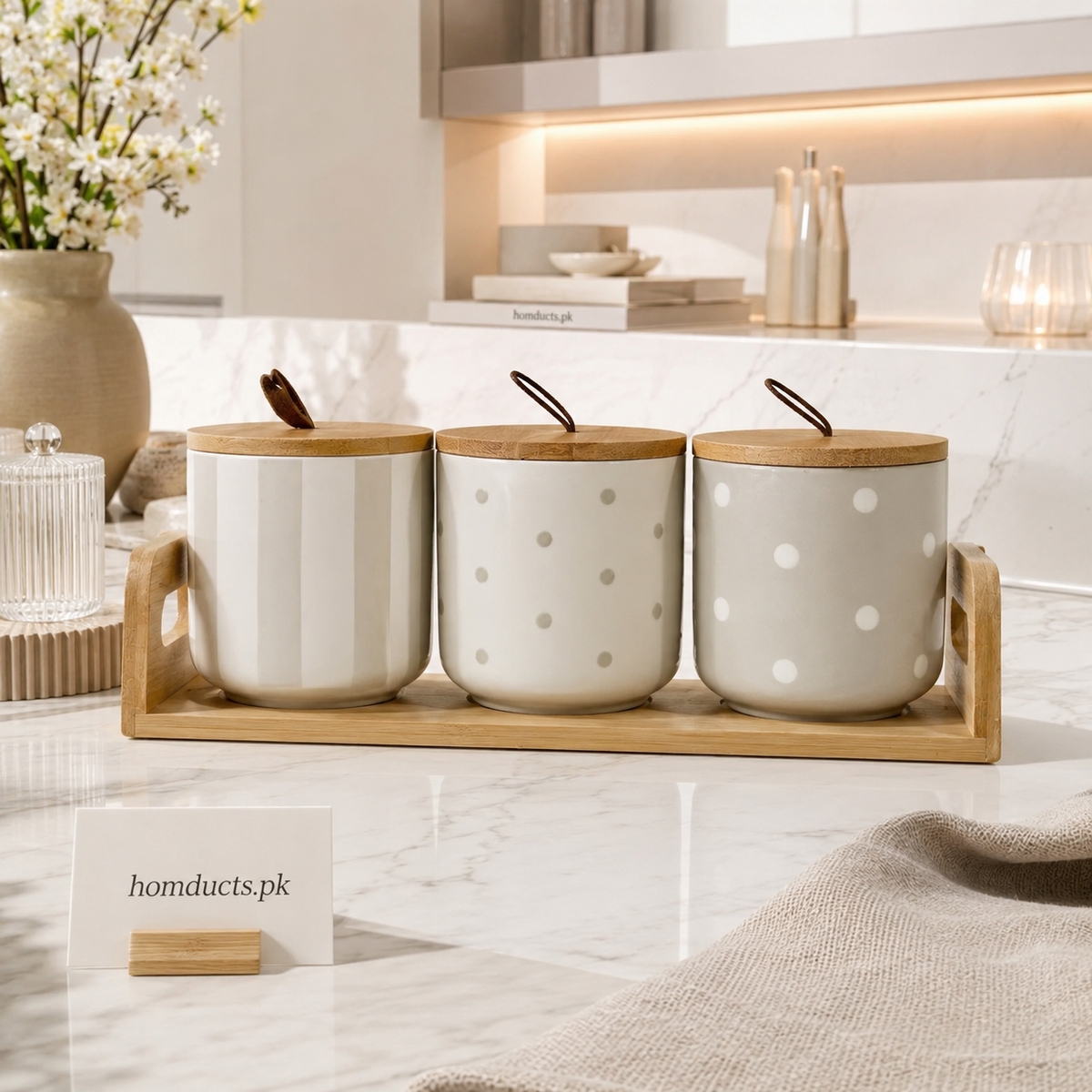 Premium 3-Piece Ceramic Kitchen Storage Jar Set with Airtight Bamboo Lids & Wooden Tray – Modern Countertop Organizer