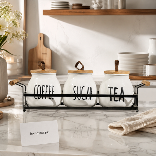 3-Piece Ceramic Coffee, Tea & Sugar Storage Jar Set with Bamboo Airtight Lids & Metal Stand – Premium Kitchen Counter Organizer