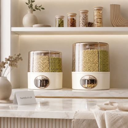 Premium 6-Compartment Rotating Dry Food Dispenser – Airtight Grain, Cereal & Rice Storage Container