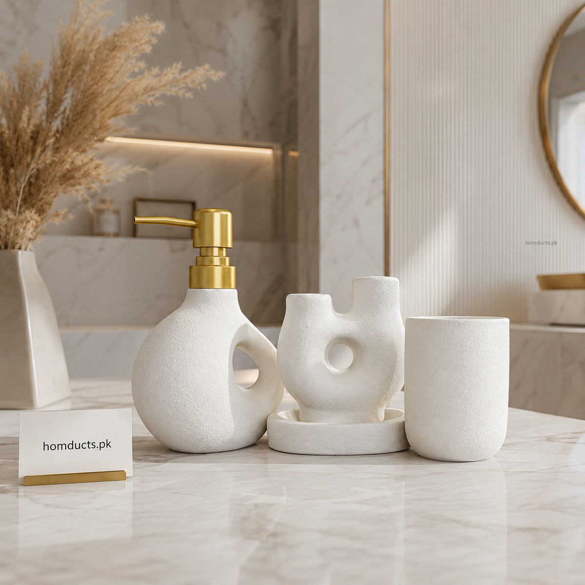 Luxury 4-Piece Ceramic Bathroom Accessories Set – Modern Soap Dispenser, Toothbrush Holder, Tumbler & Tray (White)