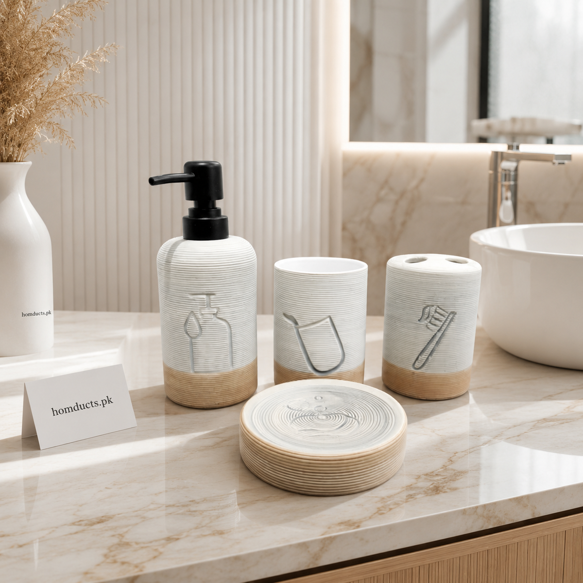 4-Piece Ribbed Ceramic Bathroom Accessories Set with Soap Dispenser, Toothbrush Holder, Tumbler & Soap Dish – Modern Bathroom Organizer