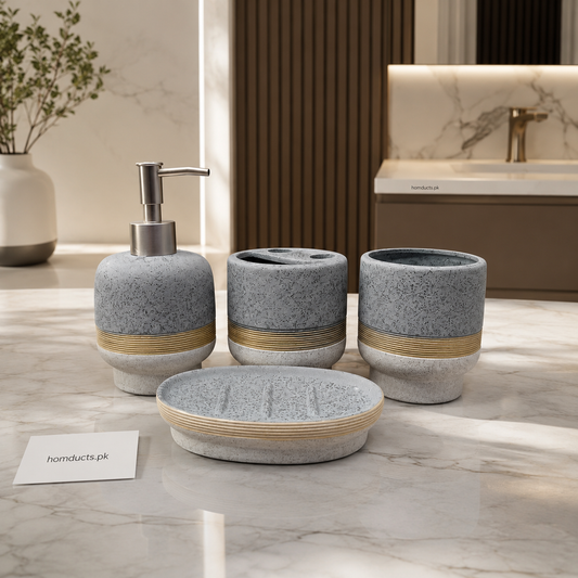 4-Piece Luxury Stone Finish Bathroom Accessories Set – Soap Dispenser, Toothbrush Holder, Tumbler & Soap Dish (Grey & Gold)