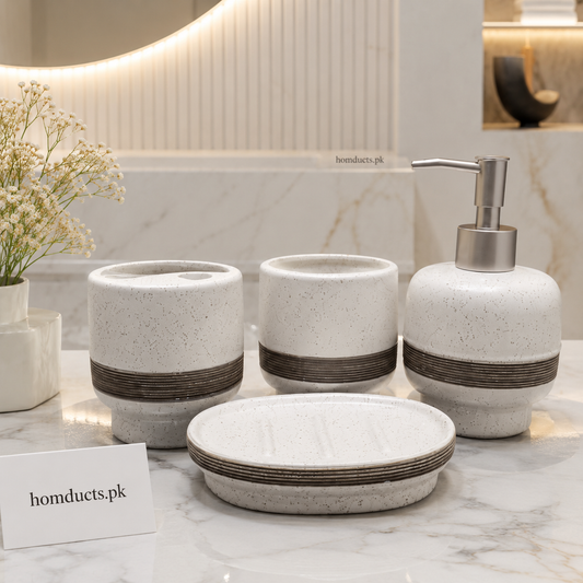 4-Piece Ceramic Bathroom Accessories Set with Soap Dispenser | Modern Bathroom Organizer Set | White Speckled Bathroom Decor