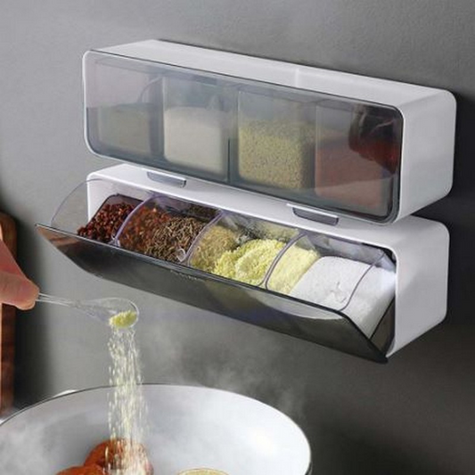 4-Compartment Wall Mounted Spice Storage Organizer with Flip Cover | Kitchen Seasoning Box