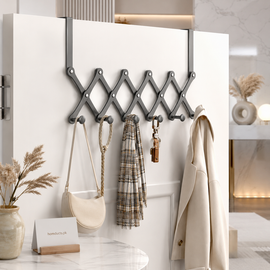 Premium Expandable Over-the-Door Iron Hook Rack | Foldable Heavy-Duty Door Hanger with 6 Hooks