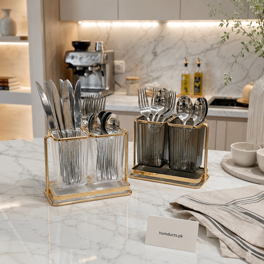 Luxury Acrylic Cutlery Holder with Gold Metal Stand | 2-Compartment Kitchen Utensil Organizer
