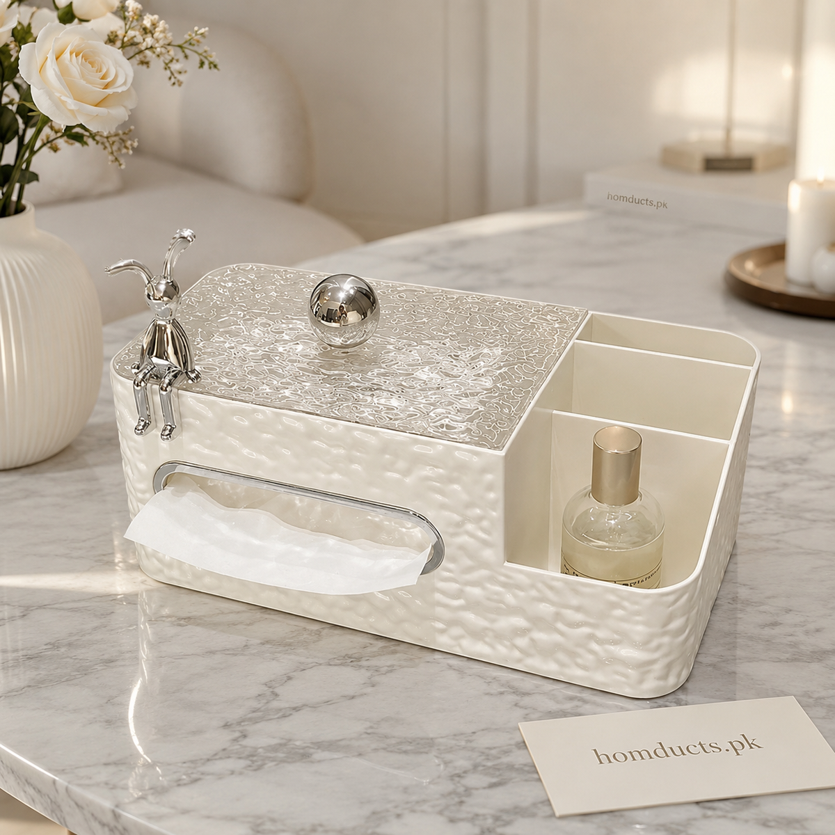 Luxury Multifunctional Tissue Box Organizer with Storage Compartments | Premium Desktop & Vanity Holder