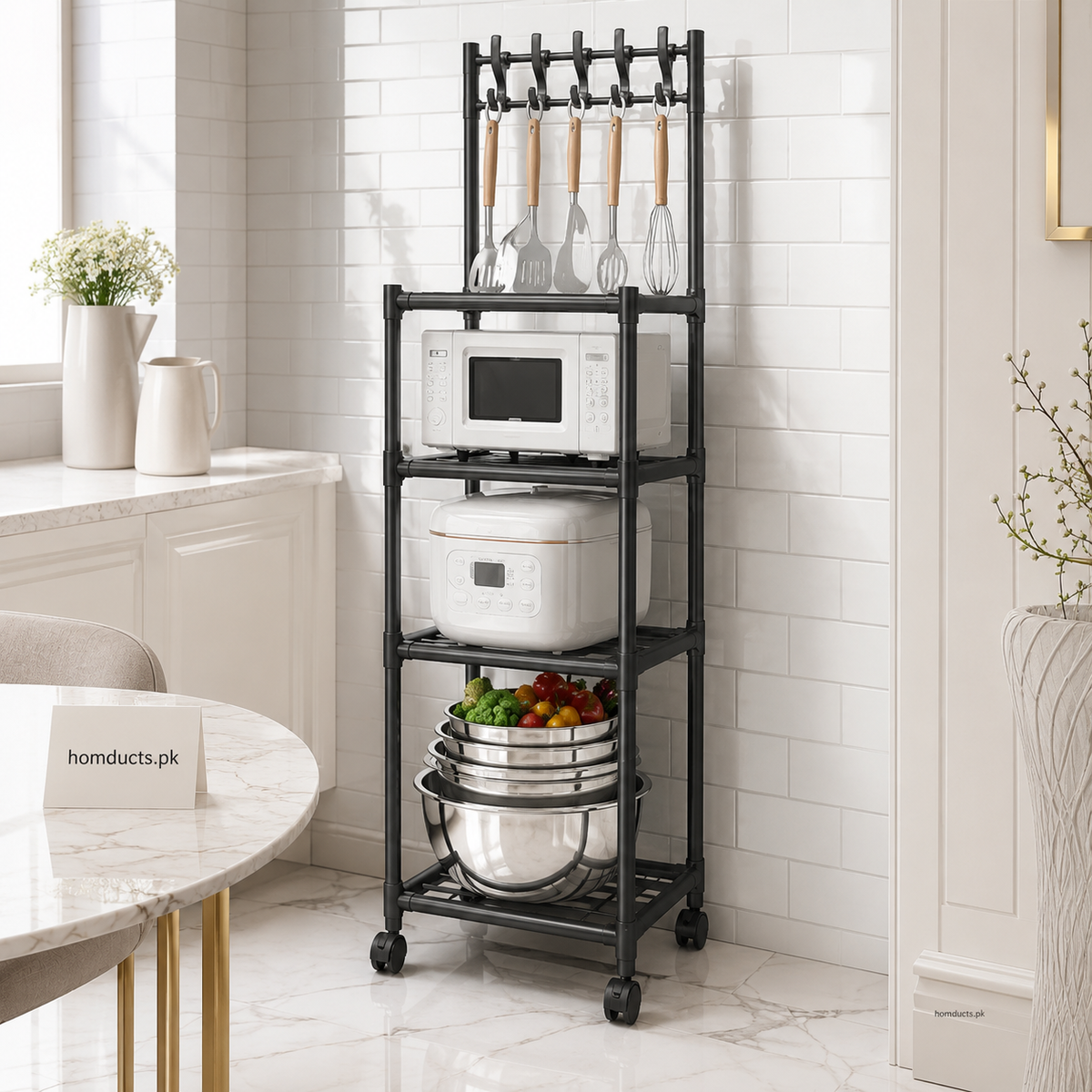 4-Tier Metal Kitchen Storage Rack with Wheels & Hanging Hooks | Heavy Duty Rolling Organizer Shelf