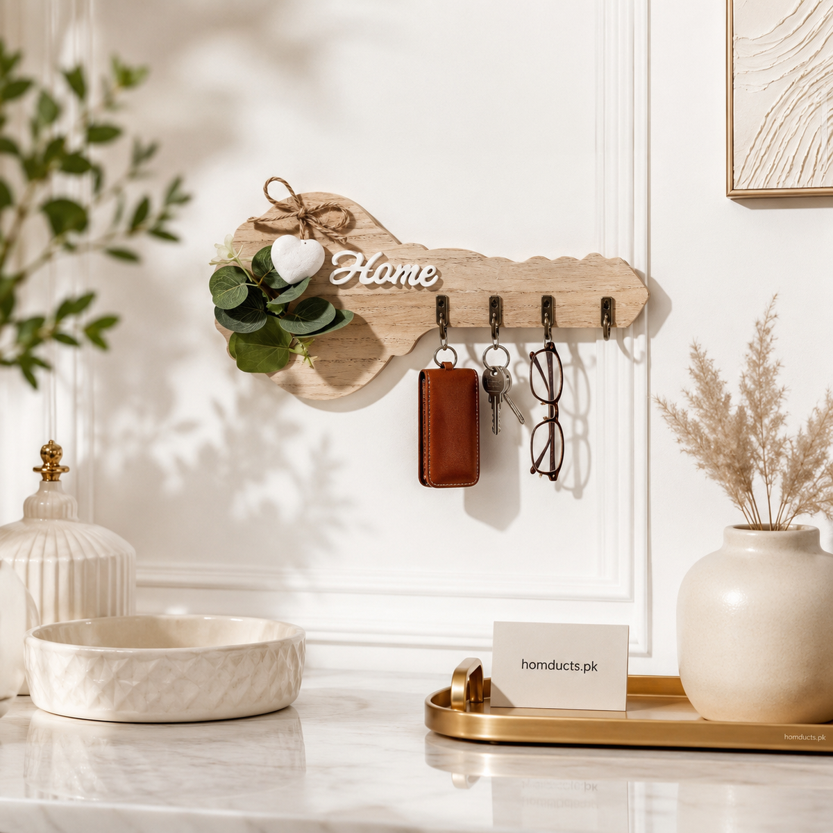 Rustic Wooden Wall Key Holder with Decorative Home Sign & 4 Hooks | Entryway Key Organizer