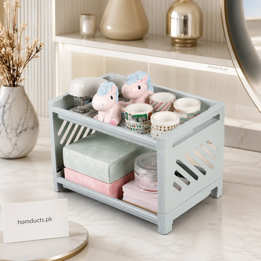 2-Tier Desktop Storage Rack & Organizer – Multipurpose Plastic Tabletop Shelf