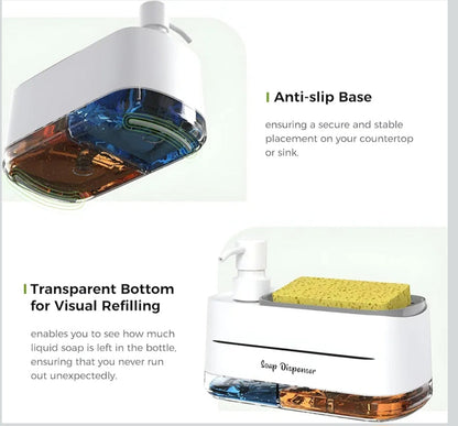 Kitchen Dishwashing Soap Dispenser with Dual Compartments & Sponge Tray (Import Quality)