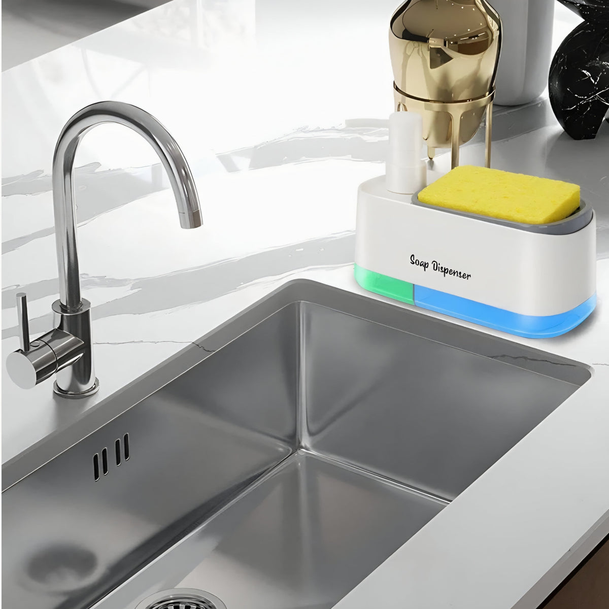 Kitchen Dishwashing Soap Dispenser with Dual Compartments & Sponge Tray (Import Quality)