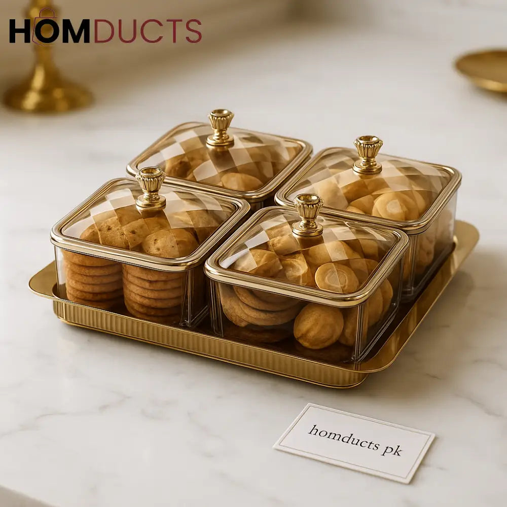 Luxury 4-Compartment Snack & Dessert Serving Set with Diamond-Cut Lids