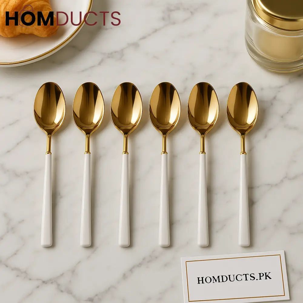 Luxury Gold & White Dessert Spoon Set – 6-Piece Premium Cutlery