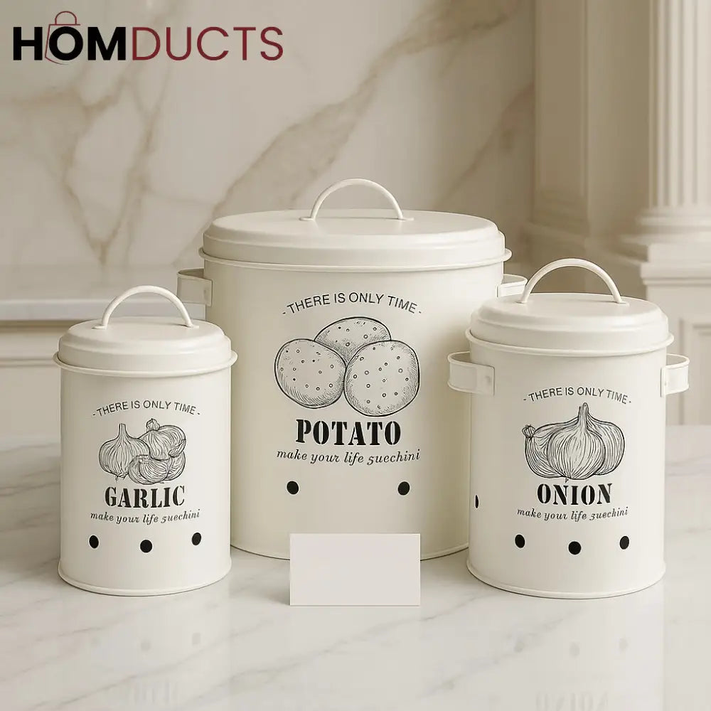 Luxury White Metal Vegetable Storage Canister Set – Garlic, Potato & Onion
