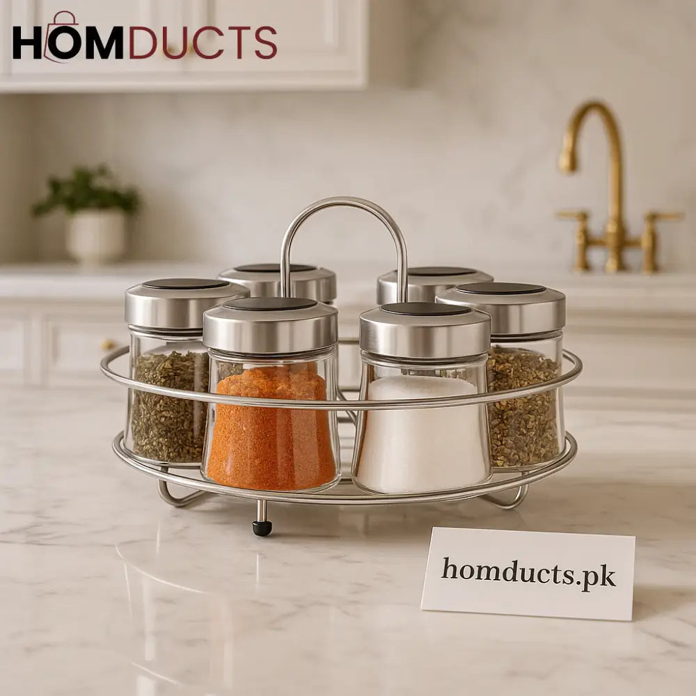 Premium 7-Piece Stainless Steel Spice Rack Set with Glass Jars – Revolving Organizer