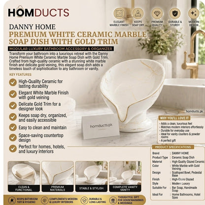 Danny Home Premium White Ceramic Marble Soap Dish with Gold Trim – Elegant Bathroom Accessory
