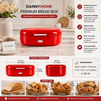 Danny Home Premium Red Metal Bread Box with Lid | Modern Kitchen Bread Storage Container-Red
