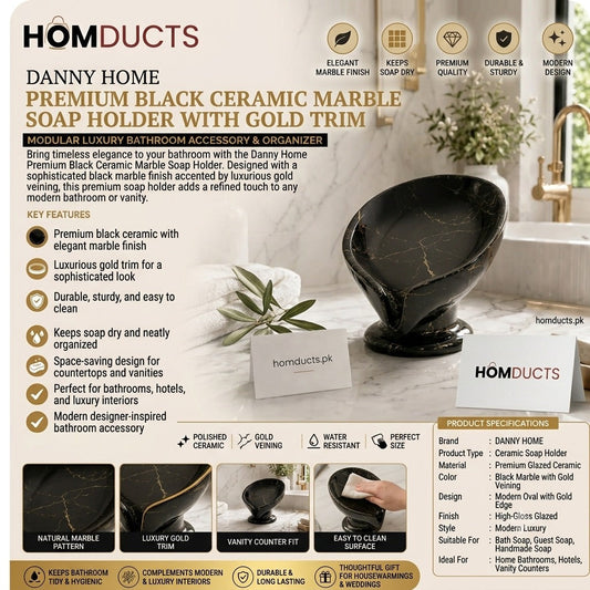Danny Home Premium Black Ceramic Marble Soap Dish with Gold Trim – Elegant Bathroom Accessory