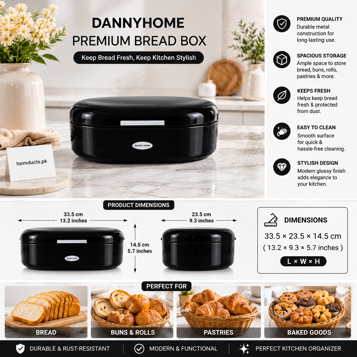 Danny Home Premium Metal Bread Box with Lid | Modern Kitchen Bread Storage Container-Black