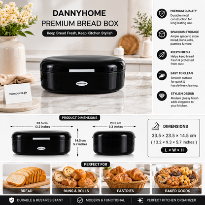 Danny Home Premium Metal Bread Box with Lid | Modern Kitchen Bread Storage Container-Black